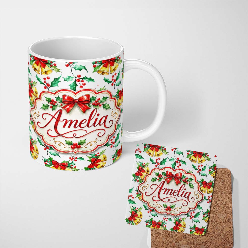 Personalized Custom Name Watercolor Holly Berry Gold Bell Red Bow Festive Seamless Pattern 11oz Ceramic Coffee Tea Mug White Large Handle