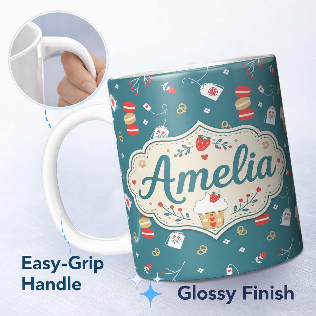 Personalized Custom Name Cute Tea Dessert Strawberry Macaron Seamless Pattern Lovely 11oz Ceramic Coffee Tea Mug White Large Handle