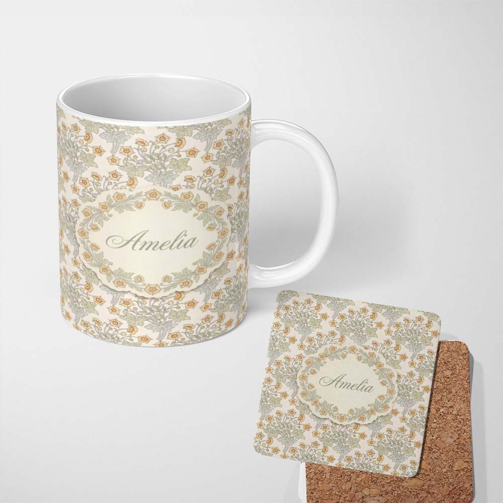 Personalized Custom Name Vintage Botanical Flowers and Leaves Natural Seamless Pattern Lovely 11oz Ceramic Coffee Tea Mug White Large Handle