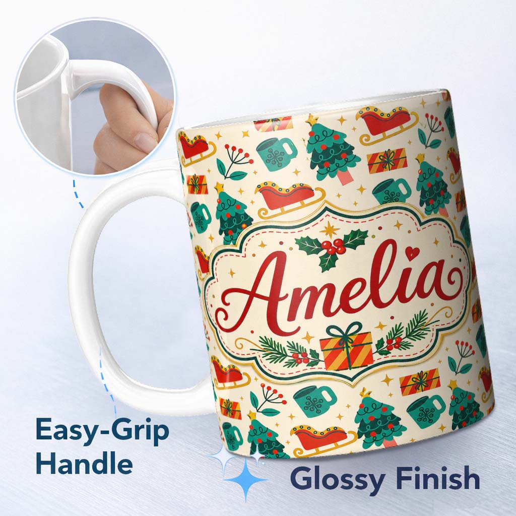 Personalized Custom Name Modern Christmas Trees Sleigh Gifts Festive Seamless Pattern Lovely 11oz Ceramic Coffee Tea Mug White Large Handle