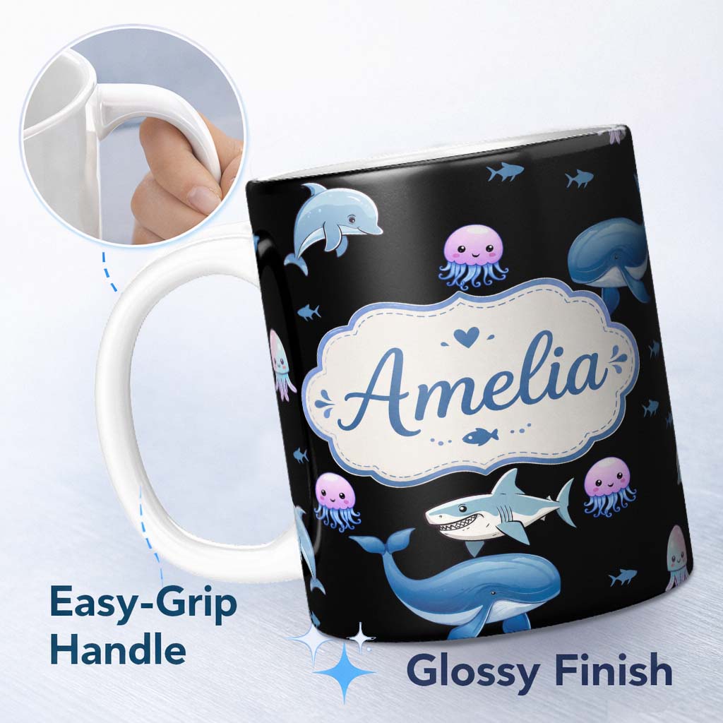 Personalized Custom Name Cute Dolphin Shark and Jellyfish Ocean Animals Black Background 11oz Ceramic Coffee Tea Mug White Large Handle