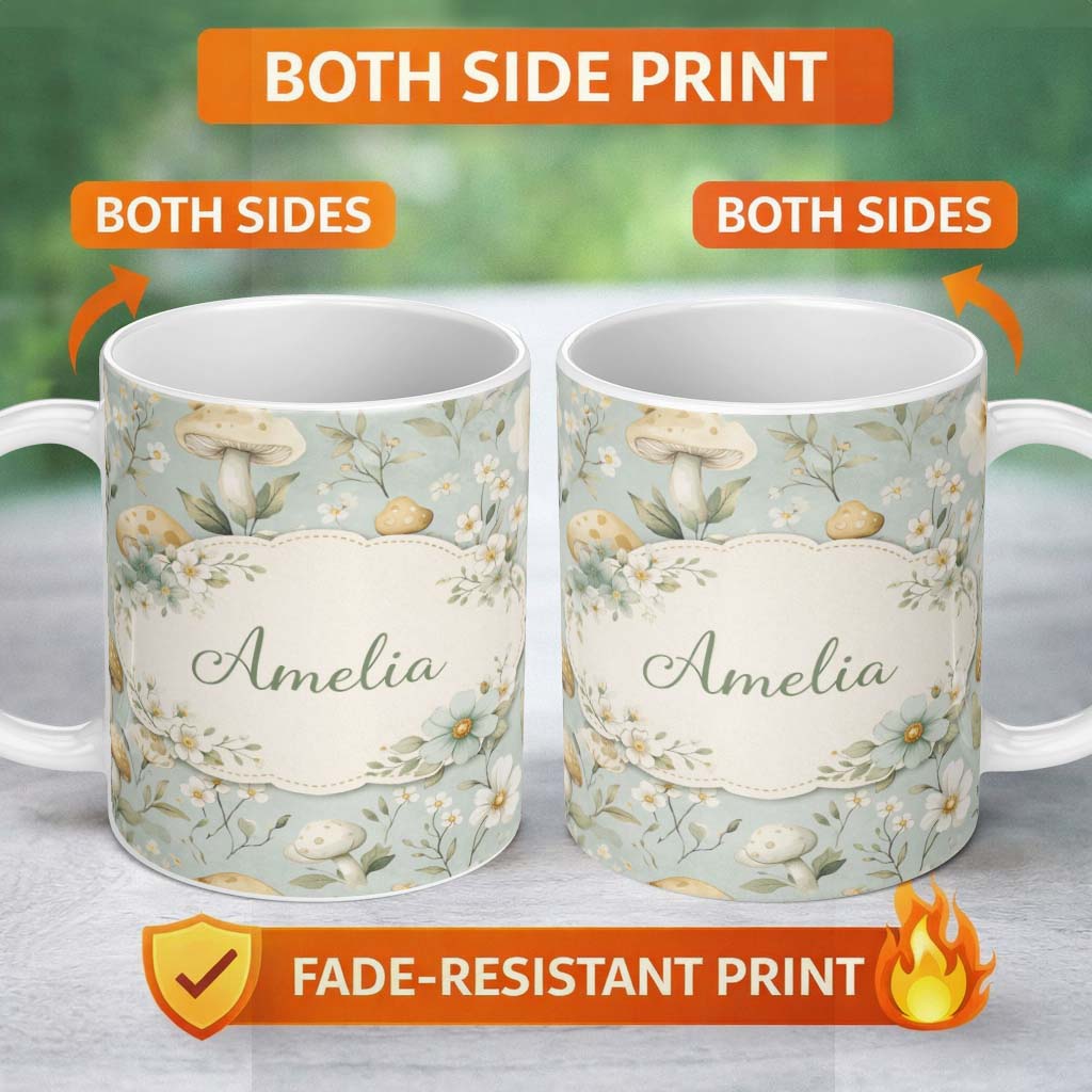 Personalized Custom Name Mushroom Botanical Seamless Pattern Cute Unique Gift Lovely 11oz Ceramic Coffee Tea Mug White Large Handle