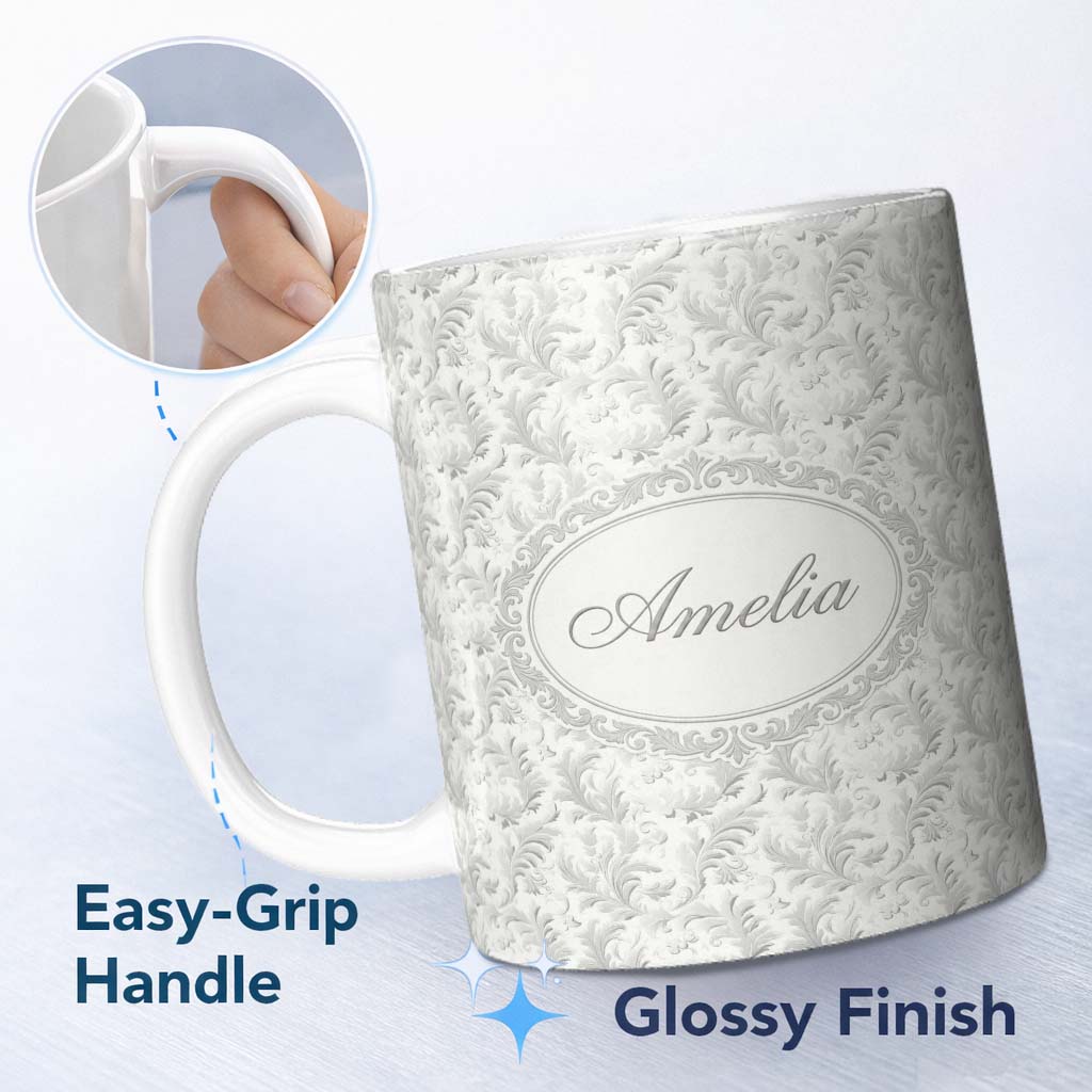 Personalized Custom Name Subtle Grey Leafy Damask Classic Seamless Pattern Cute Unique Gift 11oz Ceramic Coffee Tea Mug White Large Handle