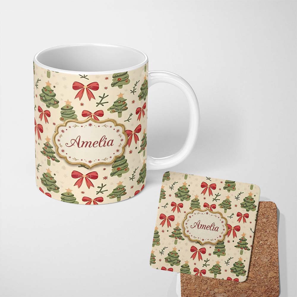 Personalized Custom Name Watercolor Christmas Tree with Red Bows and Winter Elements Lovely 11oz Ceramic Coffee Tea Mug White Large Handle