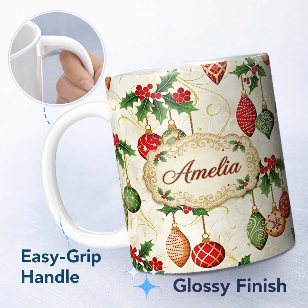 Personalized Custom Name Elegant Holly Leaves Red Green Baubles Seamless Pattern Lovely 11oz Ceramic Coffee Tea Mug White Large Handle
