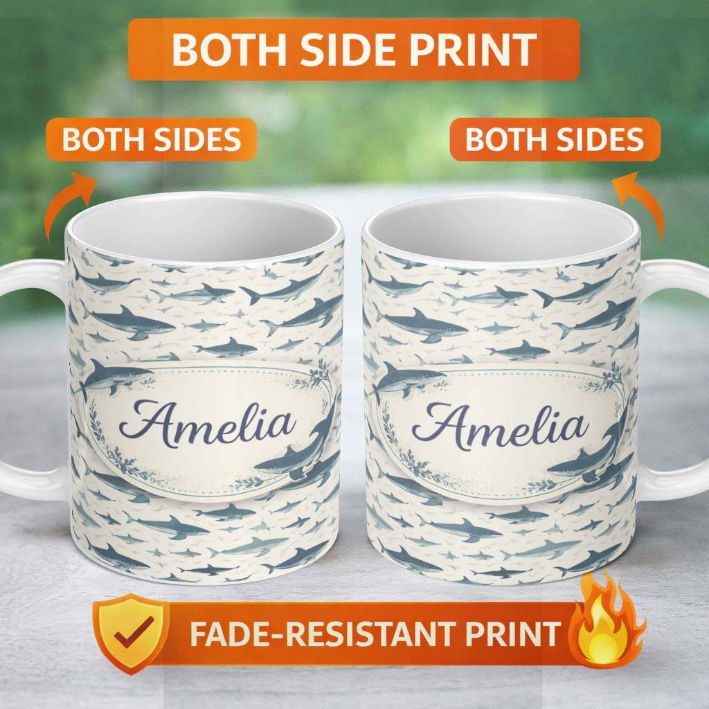 Personalized Custom Name Blue Ocean Whale Seamless Pattern Minimal Marine Animal Design 11oz Ceramic Coffee Tea Mug White Large Handle