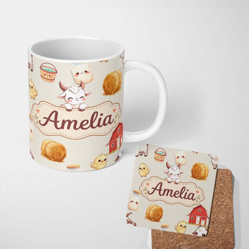 Personalized Custom Name Cute Farm Goat Barn Hay Bale Chick Milk Bucket Beige Background 11oz Ceramic Coffee Tea Mug White Large Handle