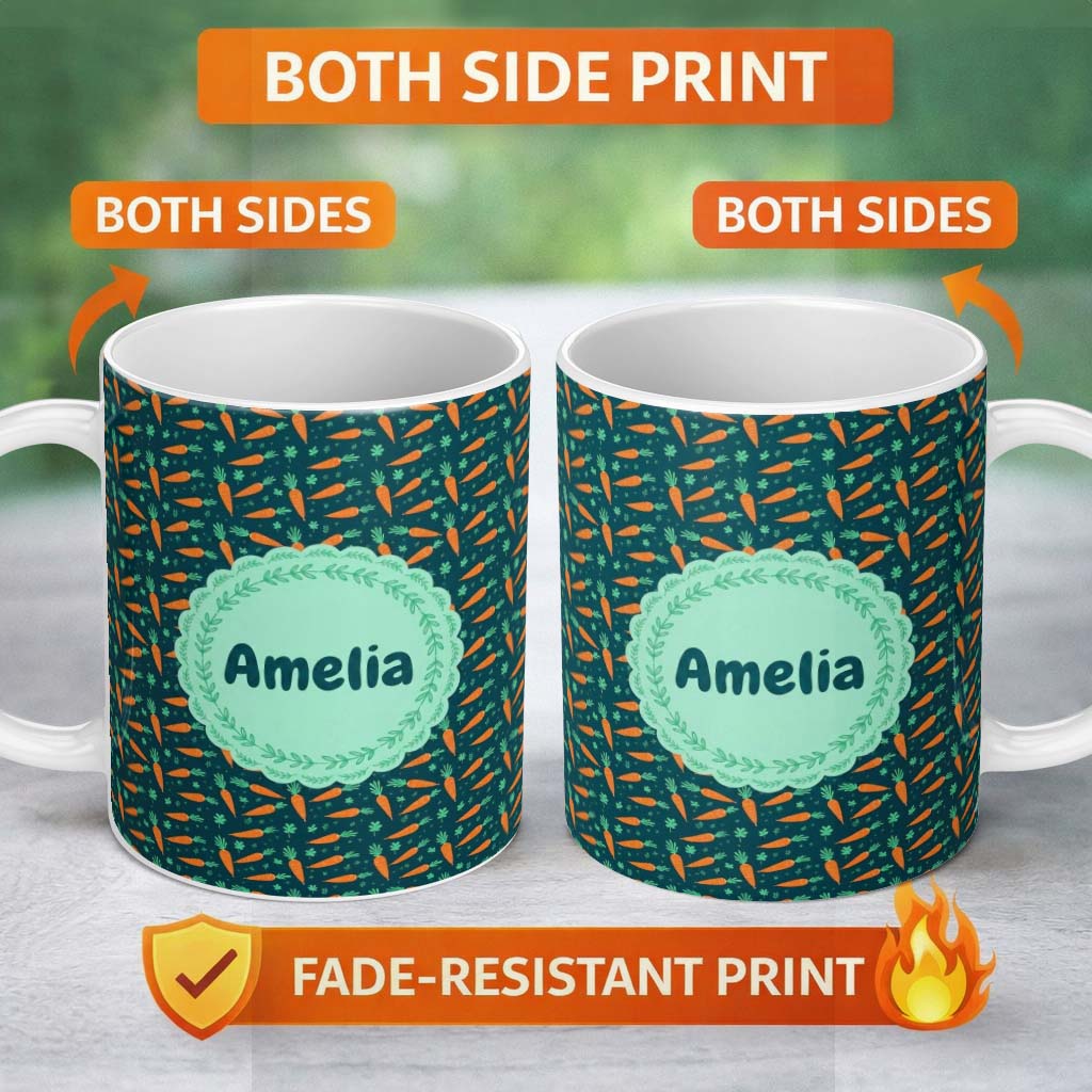 Personalized Custom Name Cute Minimal Carrot and Clover Tossed Dark Teal Background Design 11oz Ceramic Coffee Tea Mug White Large Handle