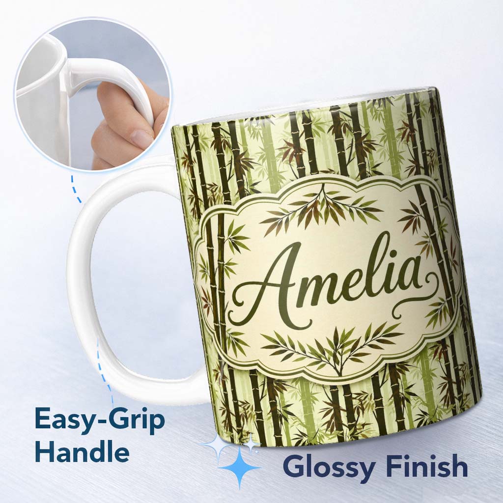 Personalized Custom Name Dark Bamboo Stalks with Layered Leaves Natural Green Seamless Lovely 11oz Ceramic Coffee Tea Mug White Large Handle