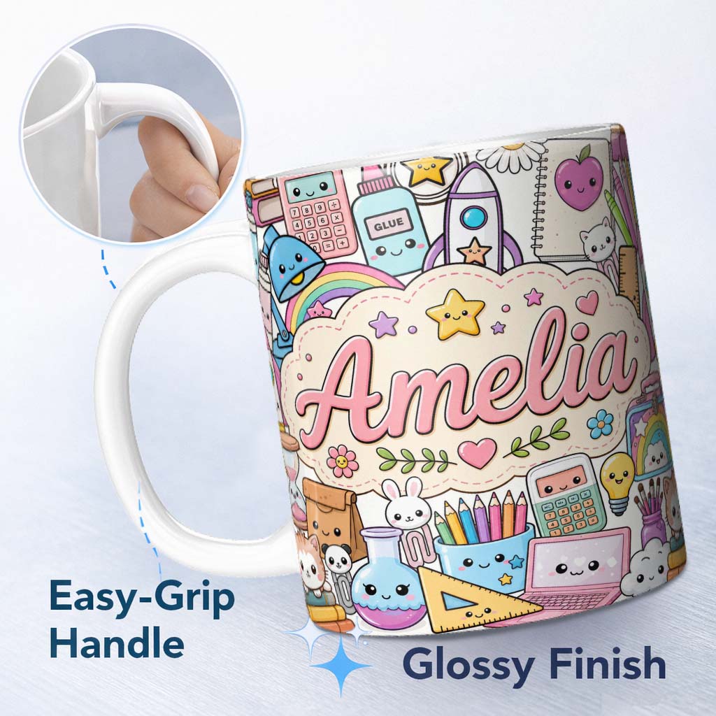 Personalized Custom Name Cute Kawaii School Supplies Rainbow Sun Globe Notebook White Lovely 11oz Ceramic Coffee Tea Mug White Large Handle