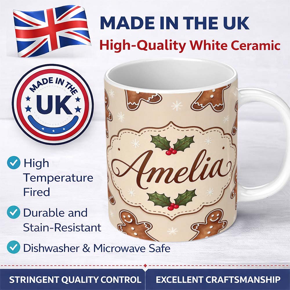 Personalized Custom Name Gingerbread Cookies Holly Leaves Festive Christmas Seamless Pattern 11oz Ceramic Coffee Tea Mug White Large Handle