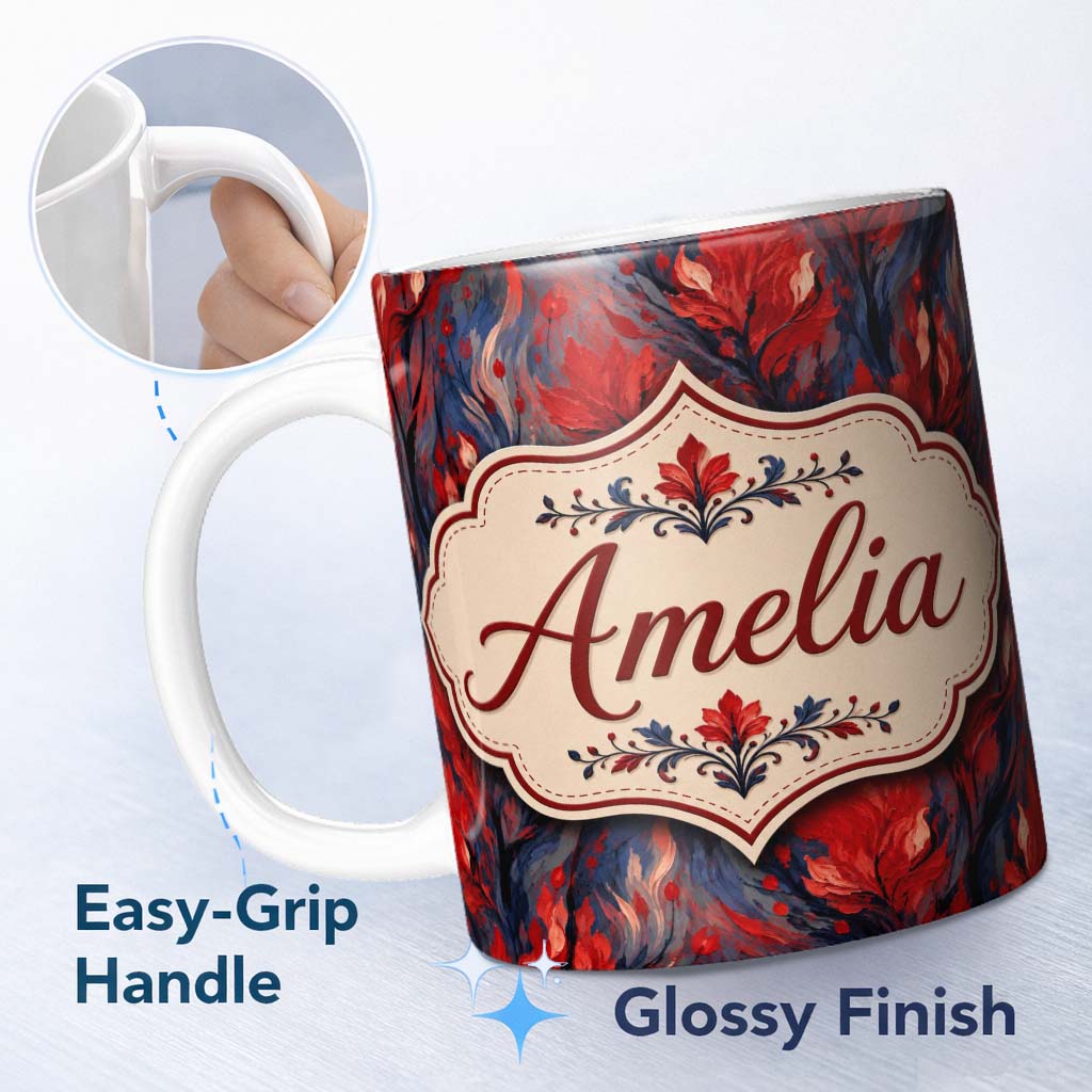 Personalized Custom Name Dark Red Floral Abstract Brush Texture Seamless Pattern Lovely 11oz Ceramic Coffee Tea Mug White Large Handle
