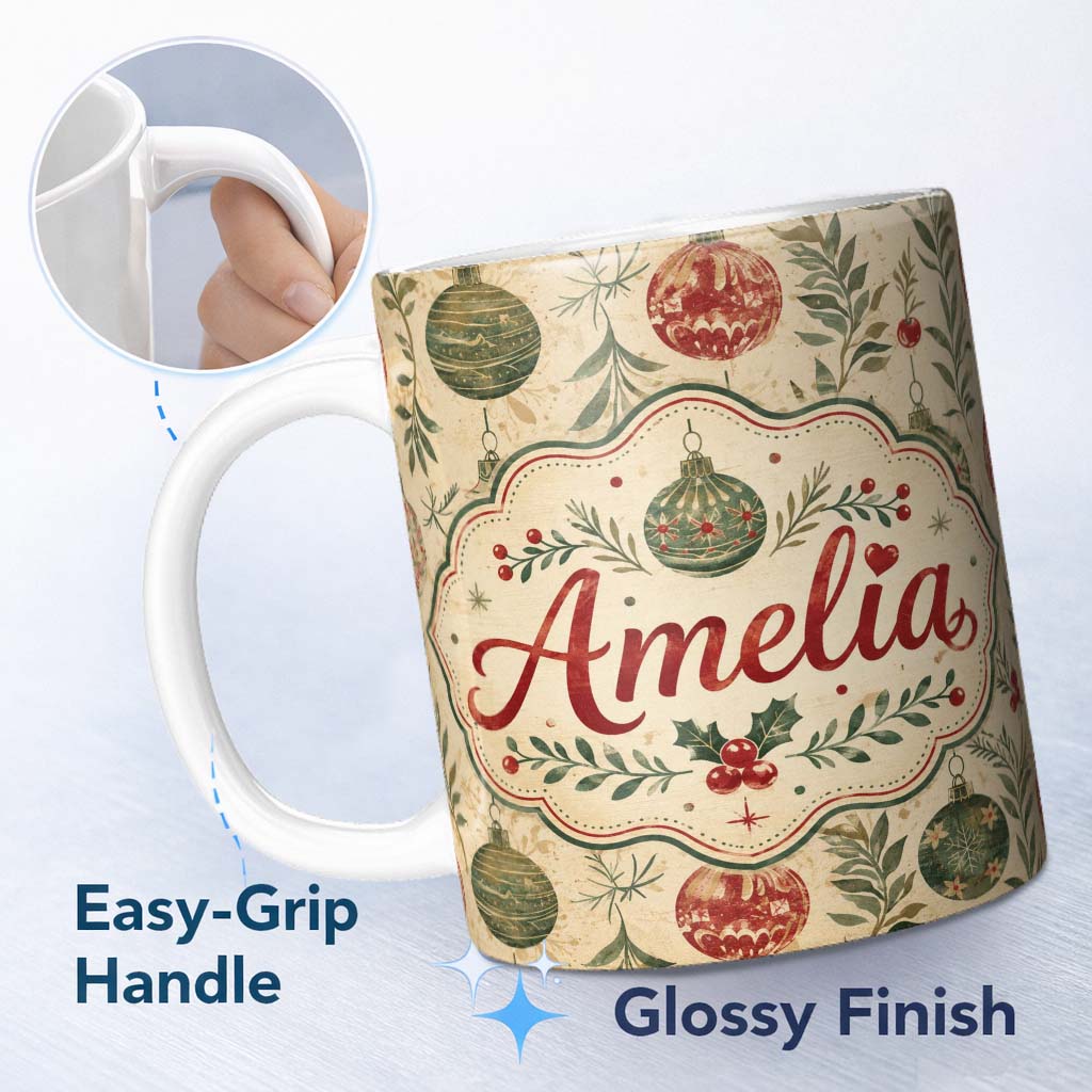 Personalized Custom Name Vintage Christmas Baubles with Leaves and Berries Classic Holiday 11oz Ceramic Coffee Tea Mug White Large Handle