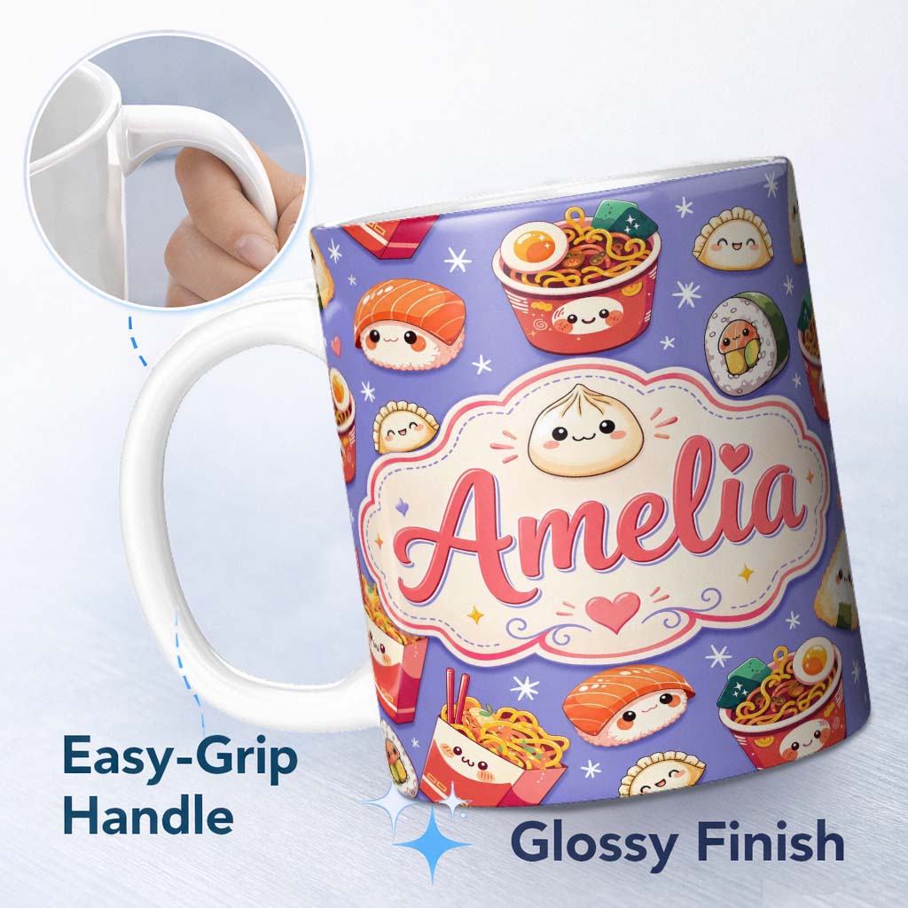 Personalized Custom Name Cute Kawaii Sushi Ramen Dumpling Food Purple Background Seamless 11oz Ceramic Coffee Tea Mug White Large Handle