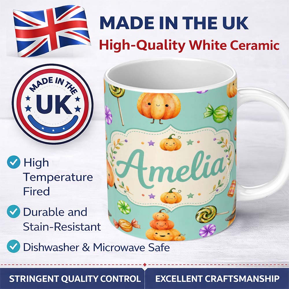 Personalized Custom Name Cute Halloween Pumpkin Candy Characters Mint Background Seamless 11oz Ceramic Coffee Tea Mug White Large Handle