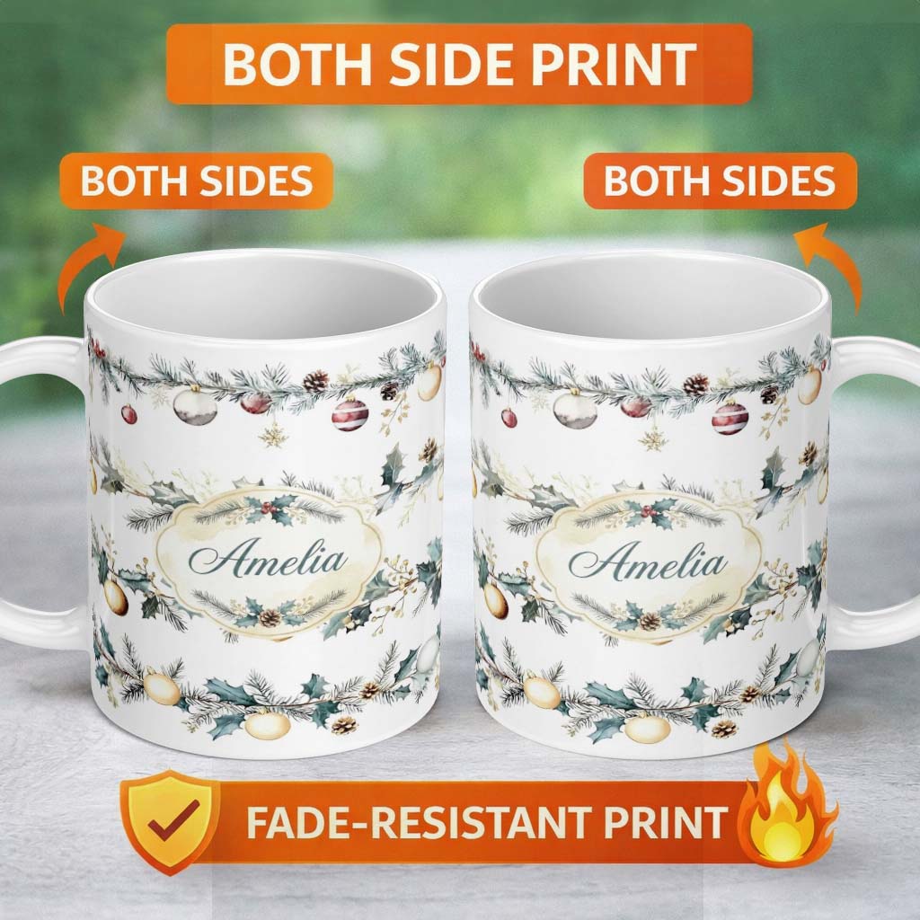 Personalized Custom Name Elegant Christmas Garland Baubles Pine Branch Seamless Pattern 11oz Ceramic Coffee Tea Mug White Large Handle