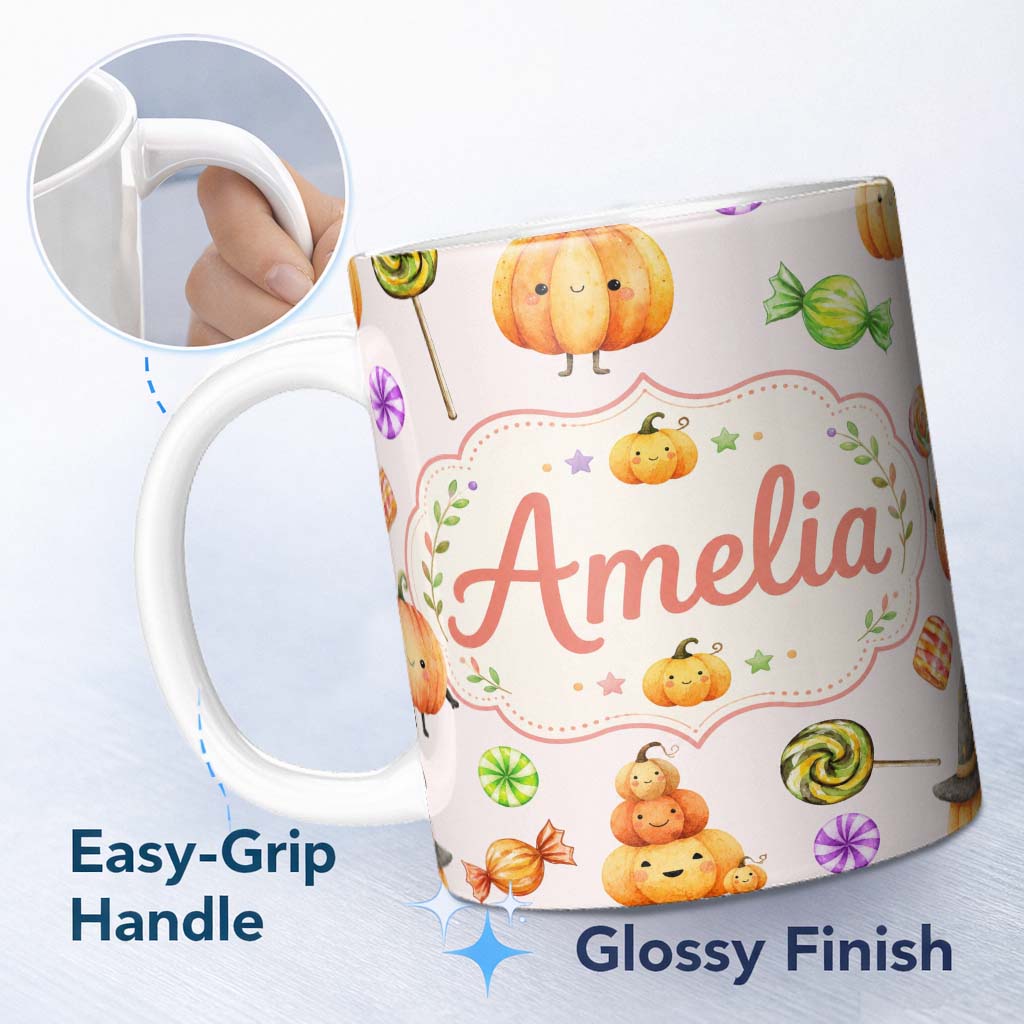 Personalized Custom Name Cute Halloween Pumpkin Candy Characters Pastel Background Seamless 11oz Ceramic Coffee Tea Mug White Large Handle