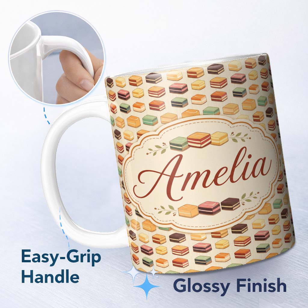 Personalized Custom Name Layered Chocolate Slice Dessert Block Seamless Pattern Lovely 11oz Ceramic Coffee Tea Mug White Large Handle