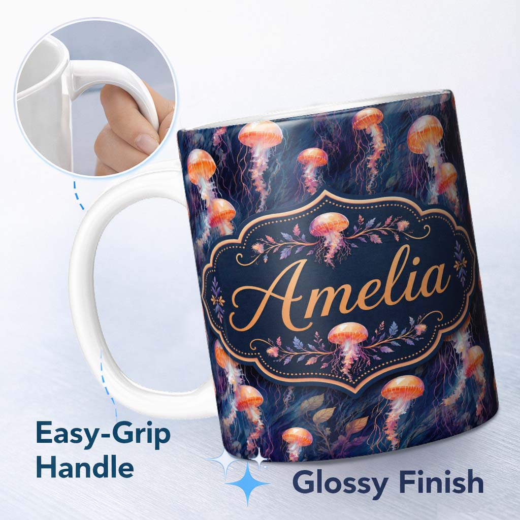 Personalized Custom Name Orange Jellyfish Underwater Ocean on Dark Blue Background Lovely 11oz Ceramic Coffee Tea Mug White Large Handle