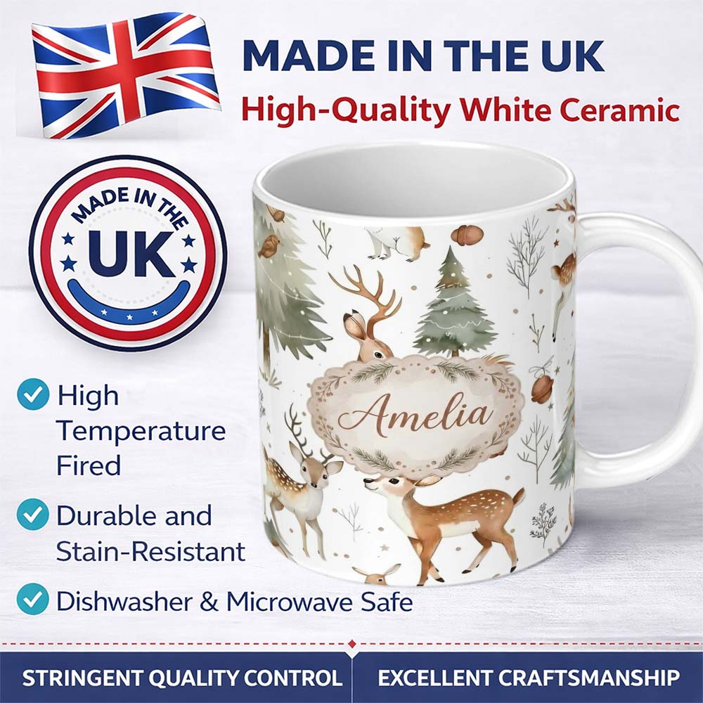 Personalized Custom Name Woodland Deer Forest Trees Cute Winter Seamless Pattern Lovely 11oz Ceramic Coffee Tea Mug White Large Handle