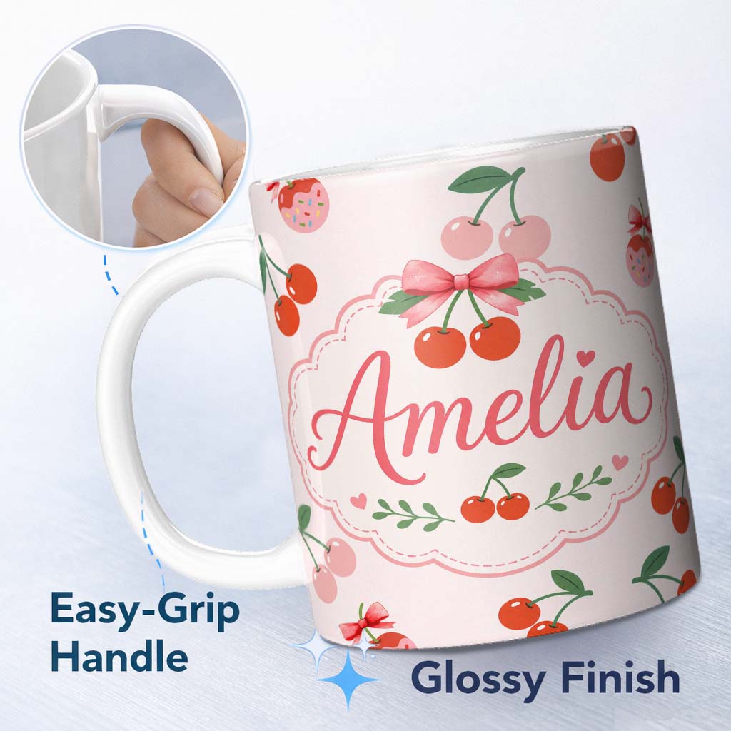 Personalized Custom Name Cute Cherry Fruit with Bow and Sprinkles Seamless Pattern Soft Beige 11oz Ceramic Coffee Tea Mug White Large Handle