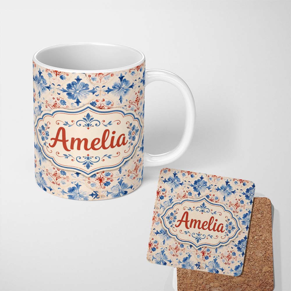 Personalized Custom Name Bold Vintage Tile Red Navy Ornamental Seamless Pattern Lovely 11oz Ceramic Coffee Tea Mug White Large Handle