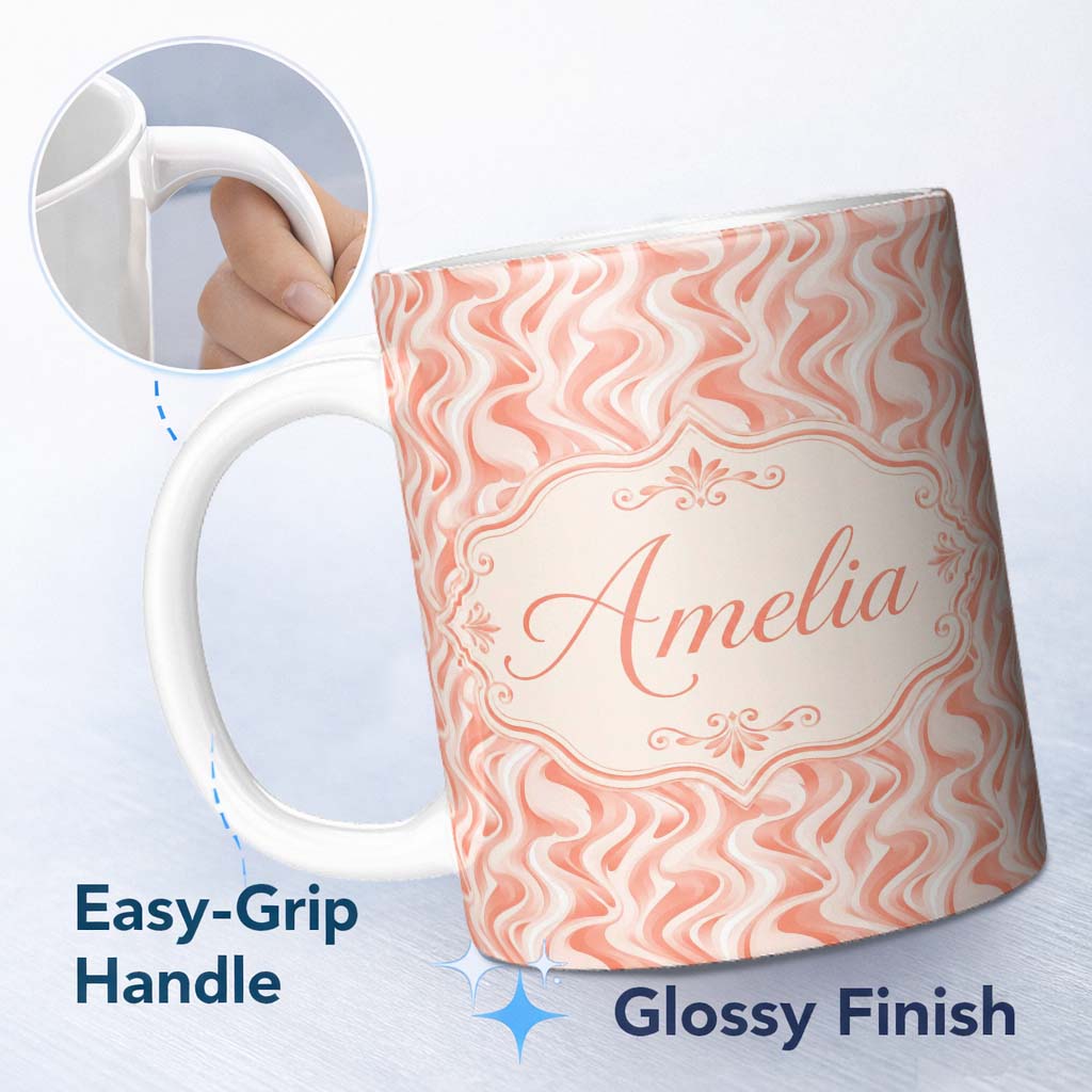 Personalized Custom Name Abstract Flowing Waves Pattern in Soft Coral and Cream Gradient 11oz Ceramic Coffee Tea Mug White Large Handle