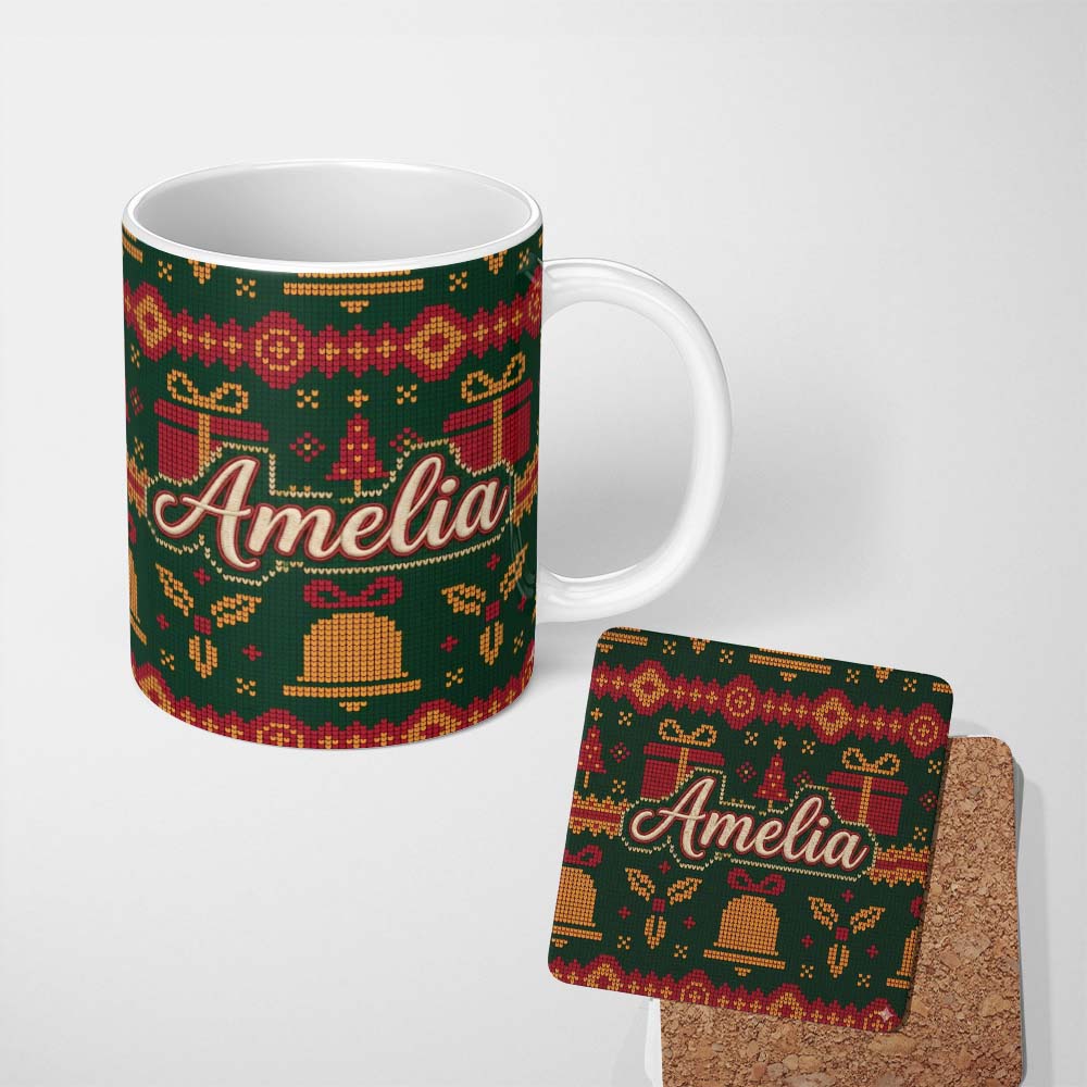 Personalized Custom Name Cute Green Christmas Gift Box Bow Ornament Festive Knitted Seamless 11oz Ceramic Coffee Tea Mug White Large Handle