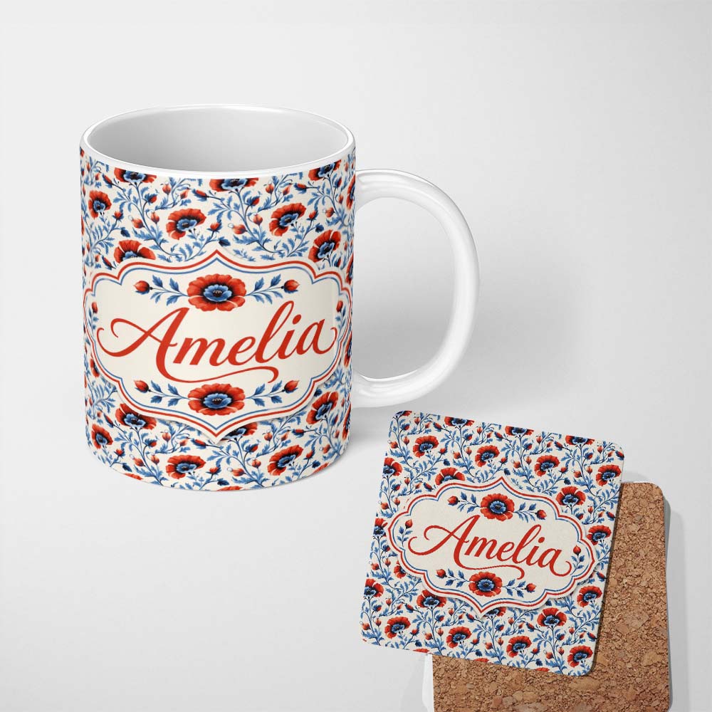 Personalized Custom Name Red and Blue Poppy Floral Pattern Elegant Botanical Seamless Design 11oz Ceramic Coffee Tea Mug White Large Handle
