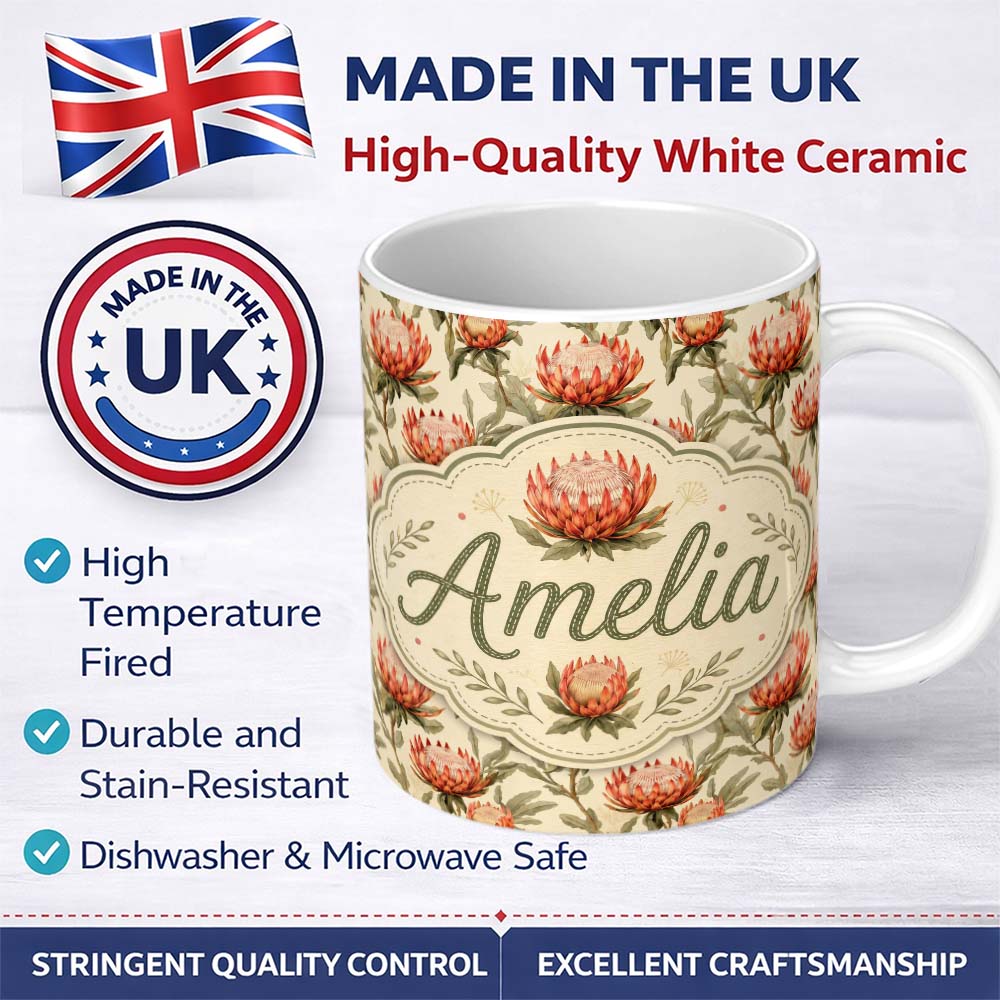 Personalized Custom Name Warm Orange Protea Flower Vintage Botanical Seamless Pattern Lovely 11oz Ceramic Coffee Tea Mug White Large Handle