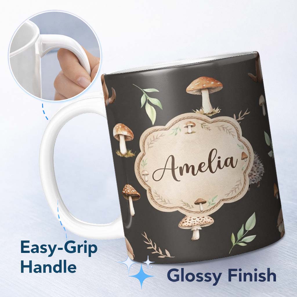 Personalized Custom Name Woodland Hedgehogs with Mushrooms Leaves Dark Brown Seamless 11oz Ceramic Coffee Tea Mug White Large Handle