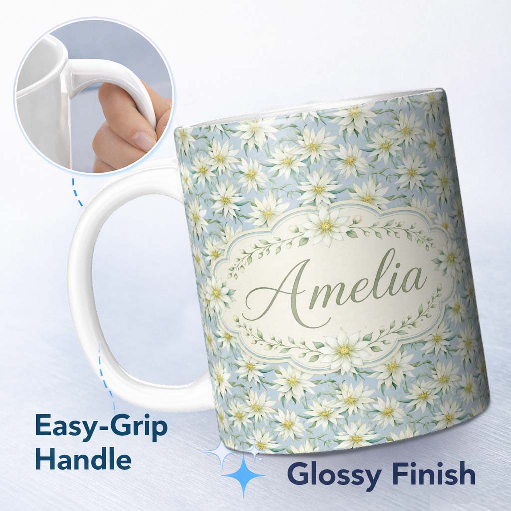 Personalized Custom Name White Floral on Soft Blue Background Seamless Pattern Lovely 11oz Ceramic Coffee Tea Mug White Large Handle