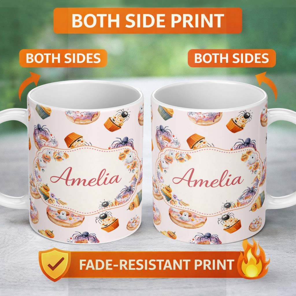 Personalized Custom Name Halloween Donuts Cupcakes and Spiders Seamless Pattern on Cream 11oz Ceramic Coffee Tea Mug White Large Handle