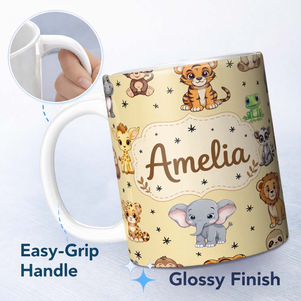 Personalized Custom Name Cute Jungle Baby Animals Lion Tiger Elephant Giraffe Pattern Beige 11oz Ceramic Coffee Tea Mug White Large Handle