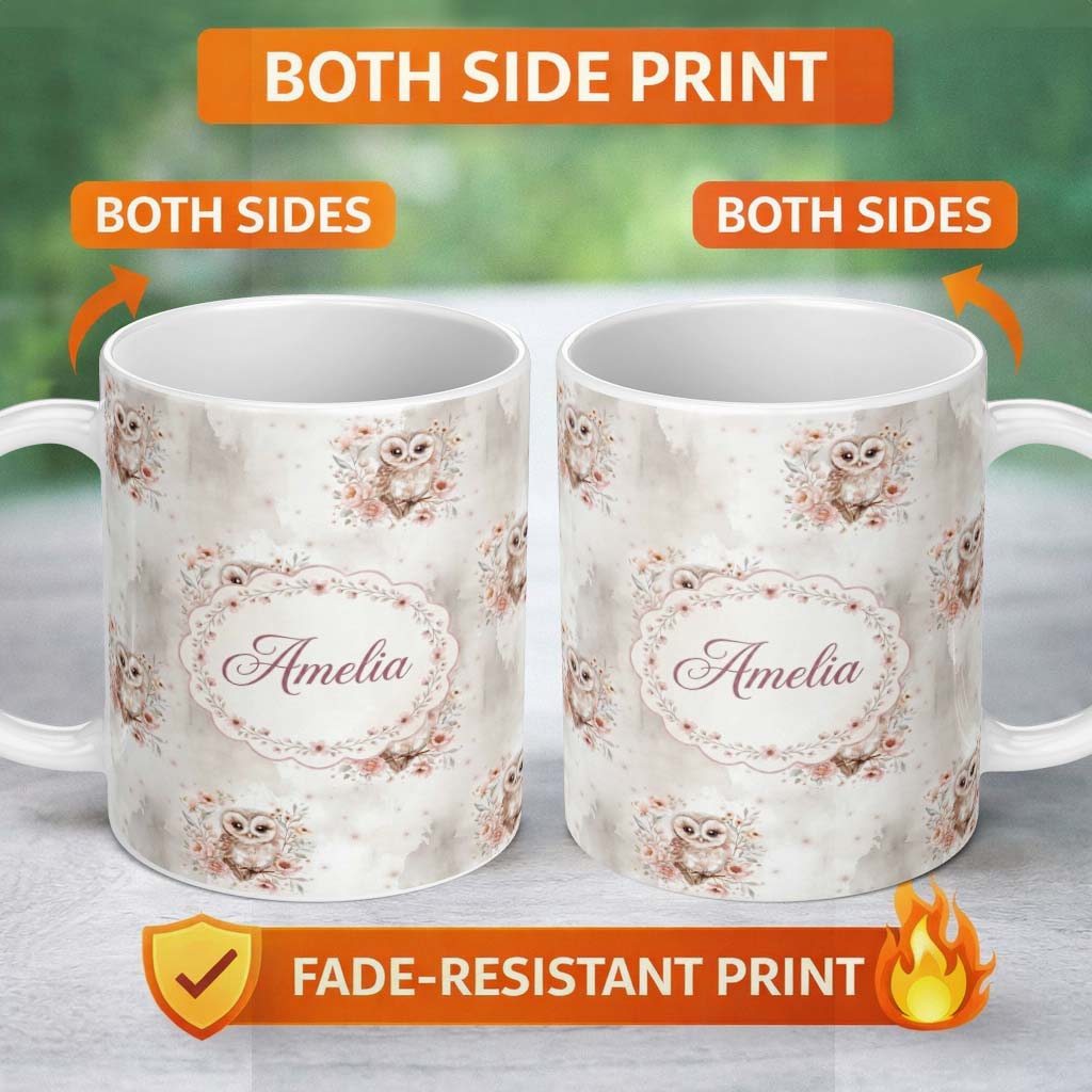 Personalized Custom Name Cute Owl Floral Pastel Nursery Seamless Pattern Perfect Gift for Her 11oz Ceramic Coffee Tea Mug White Large Handle