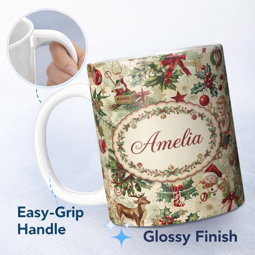 Personalized Custom Name Classic Vintage Christmas Toys Tree Santa Festive Seamless Pattern 11oz Ceramic Coffee Tea Mug White Large Handle
