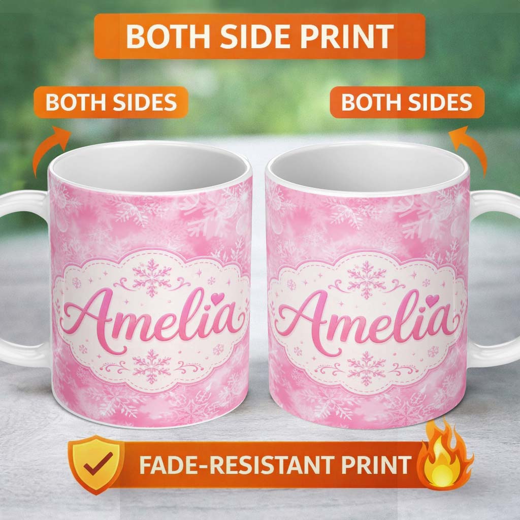 Personalized Custom Name Soft Pink Winter Snowflakes Dreamy Glow Seamless Pattern Lovely 11oz Ceramic Coffee Tea Mug White Large Handle