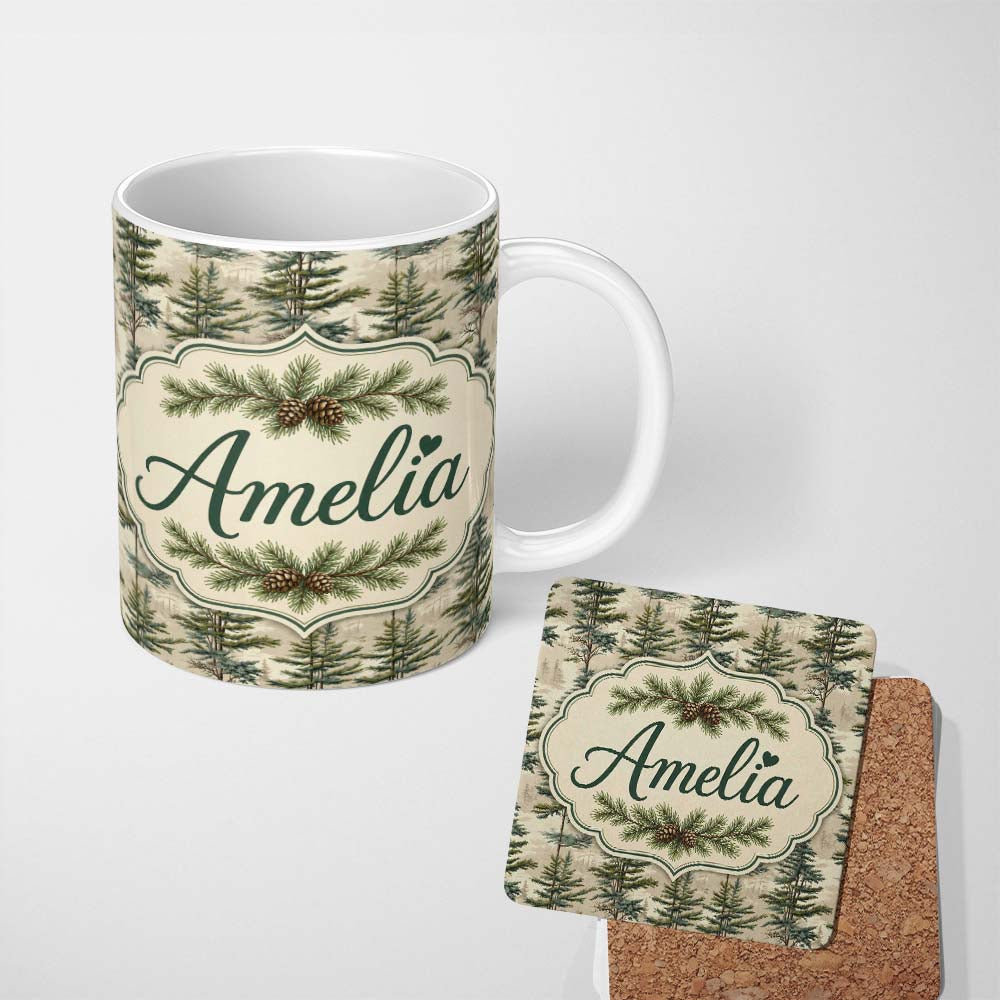 Personalized Custom Name Pine Branch with White Blossom Pattern on Light Background Lovely 11oz Ceramic Coffee Tea Mug White Large Handle