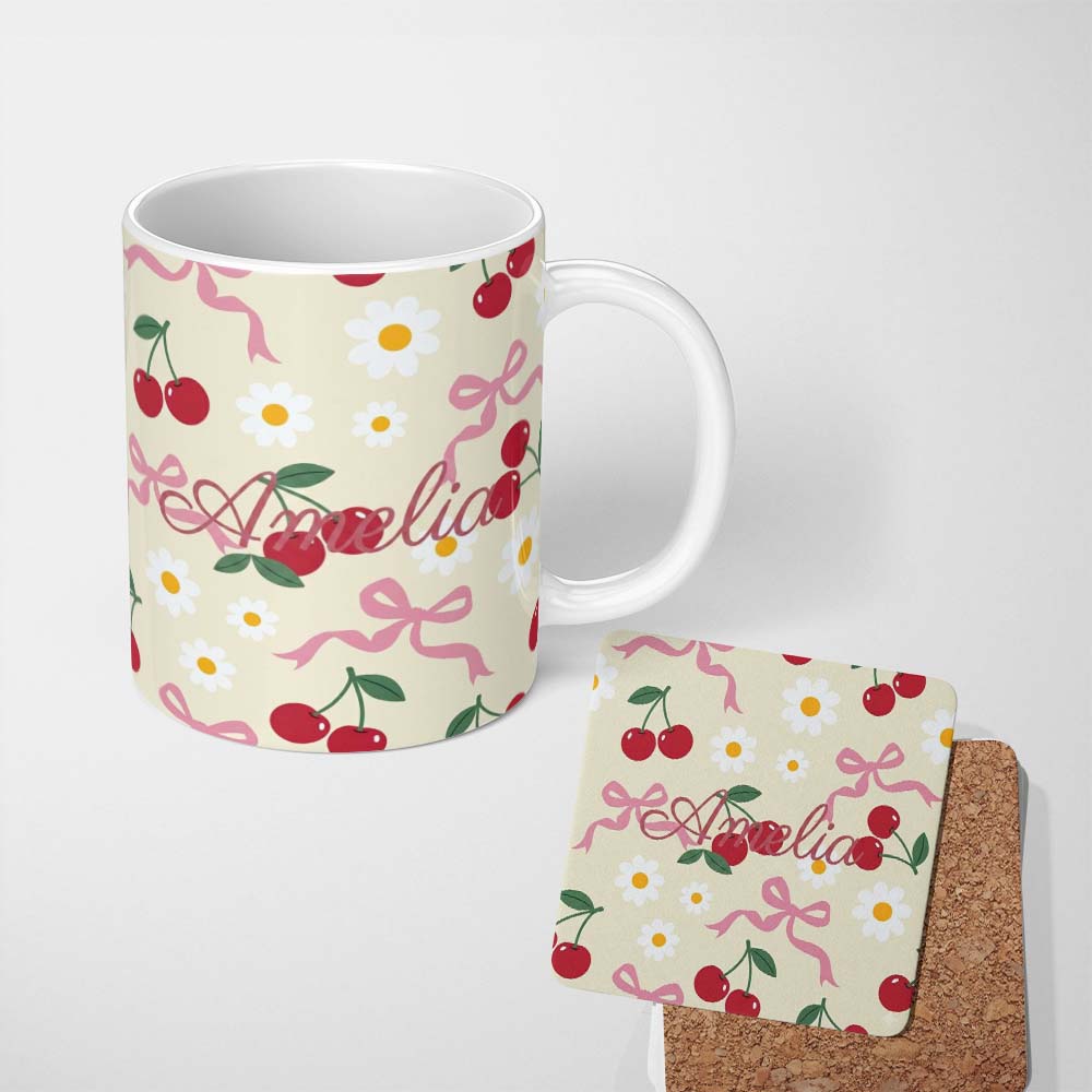Personalized Custom Name Cute Cherry Bow and Daisy Seamless Pattern on Cream Cute Unique Gift 11oz Ceramic Coffee Tea Mug White Large Handle