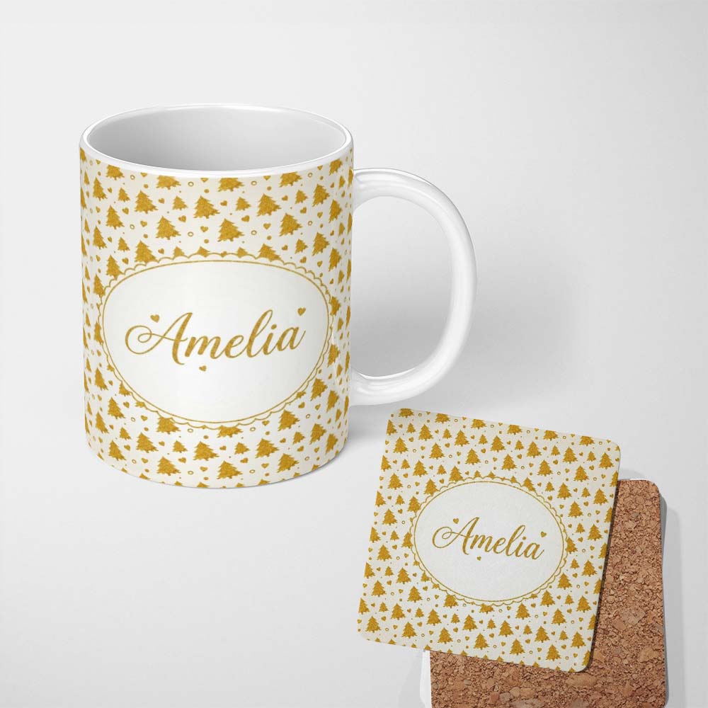 Personalized Custom Name Gold Christmas Tree Heart Seamless Pattern Design Minimal Festive 11oz Ceramic Coffee Tea Mug White Large Handle