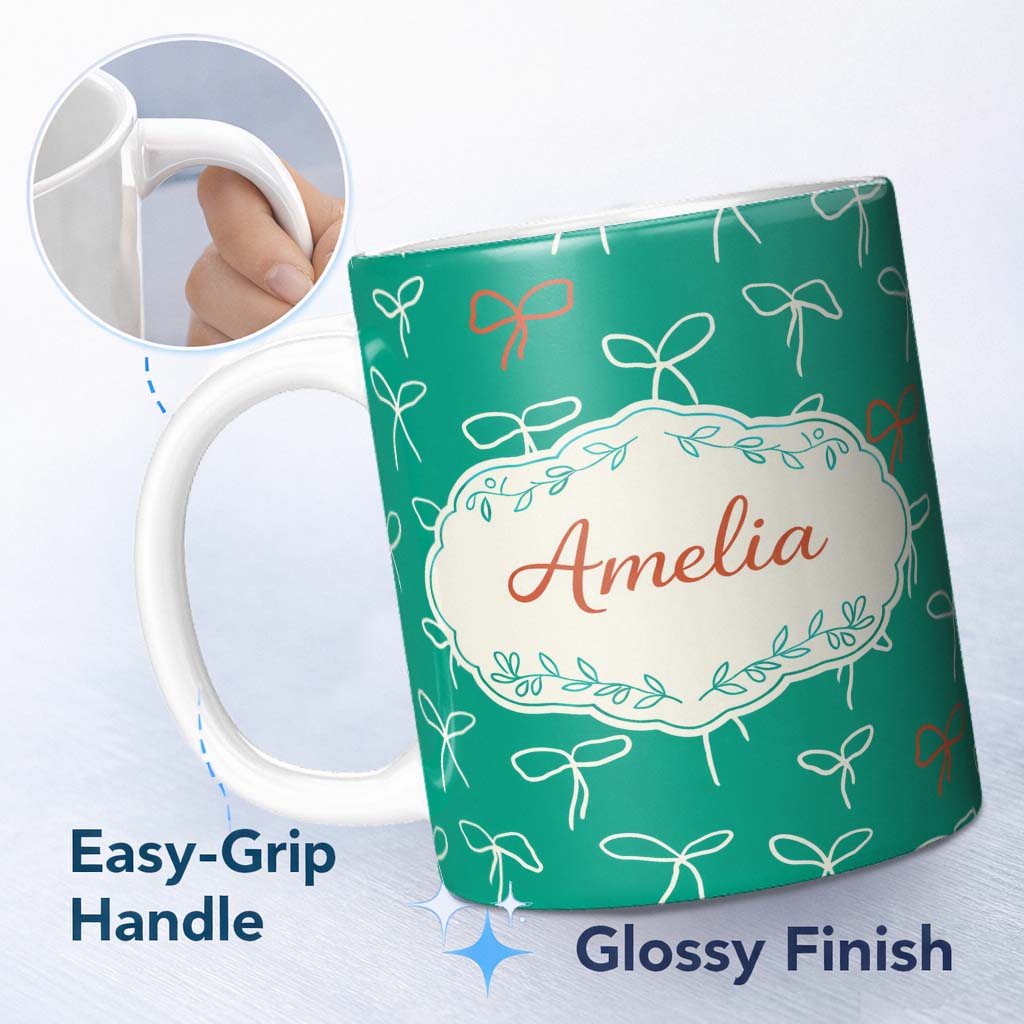 Personalized Custom Name Minimal Bow Line Art Green Background Cute Seamless Pattern Lovely 11oz Ceramic Coffee Tea Mug White Large Handle