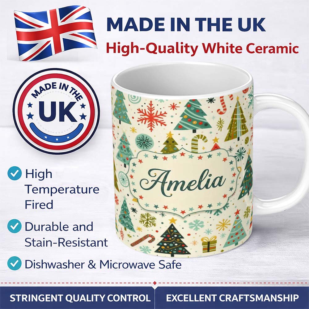 Personalized Custom Name Playful Christmas Trees Candy Canes and Snowflakes Festive Seamless 11oz Ceramic Coffee Tea Mug White Large Handle