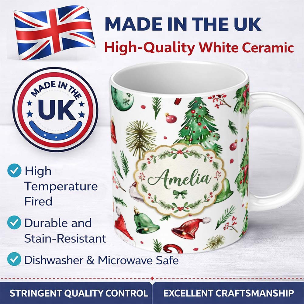 Personalized Custom Name Watercolor Christmas Tree Bell Santa Hat Holiday Seamless Pattern 11oz Ceramic Coffee Tea Mug White Large Handle