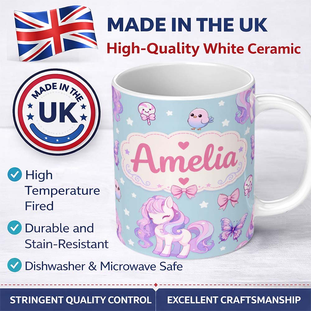Custom Name Cute Pastel Unicorn Butterfly Candy Stars Blue Background Seamless 11oz Ceramic Coffee Tea Mug White Large Handle