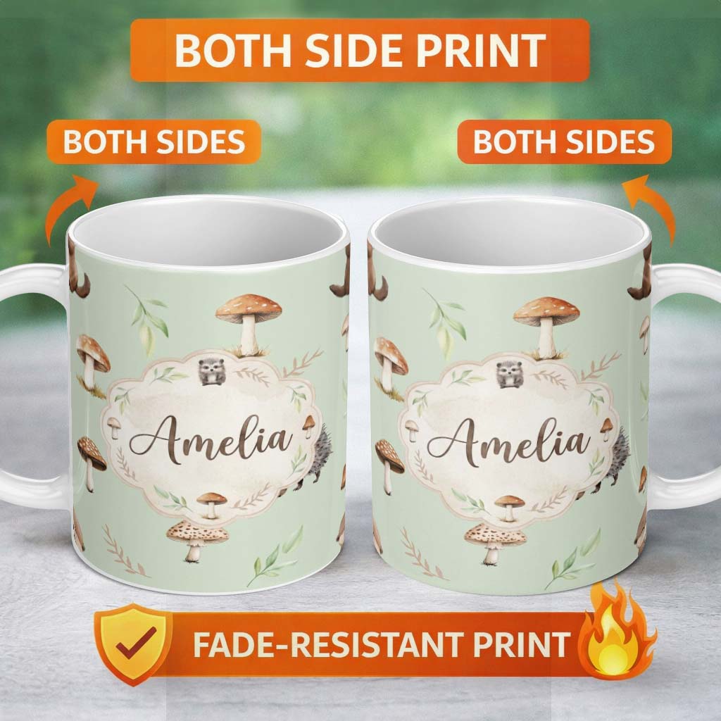Personalized Custom Name Woodland Hedgehogs with Mushrooms Leaves Soft Sage Green Seamless 11oz Ceramic Coffee Tea Mug White Large Handle