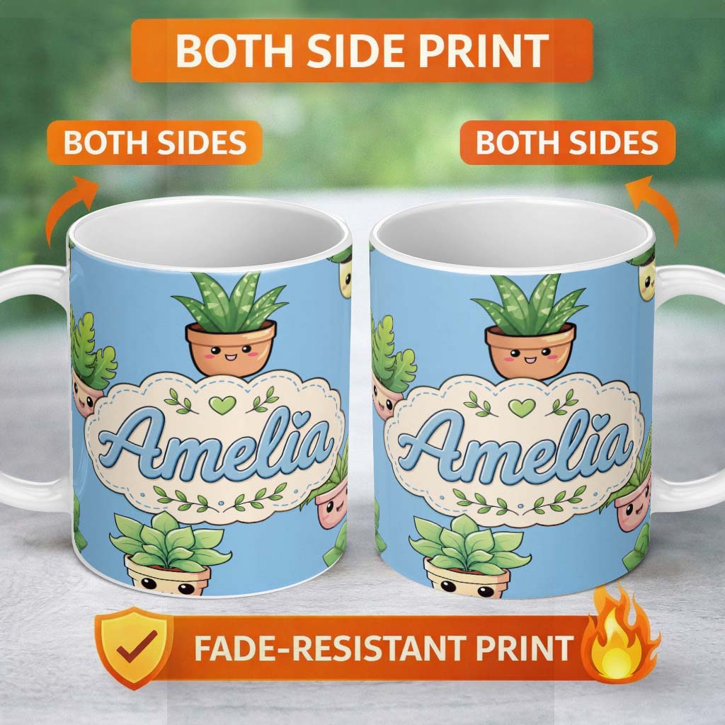 Personalized Custom Name Cute Kawaii Cute Plant Pots Leaves Seamless Pattern Blue Background 11oz Ceramic Coffee Tea Mug White Large Handle