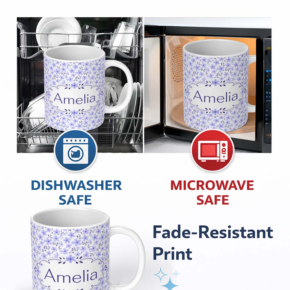 Personalized Custom Name Purple Floral Meadow Seamless Pattern Simple Botanical Repeat Design 11oz Ceramic Coffee Tea Mug White Large Handle