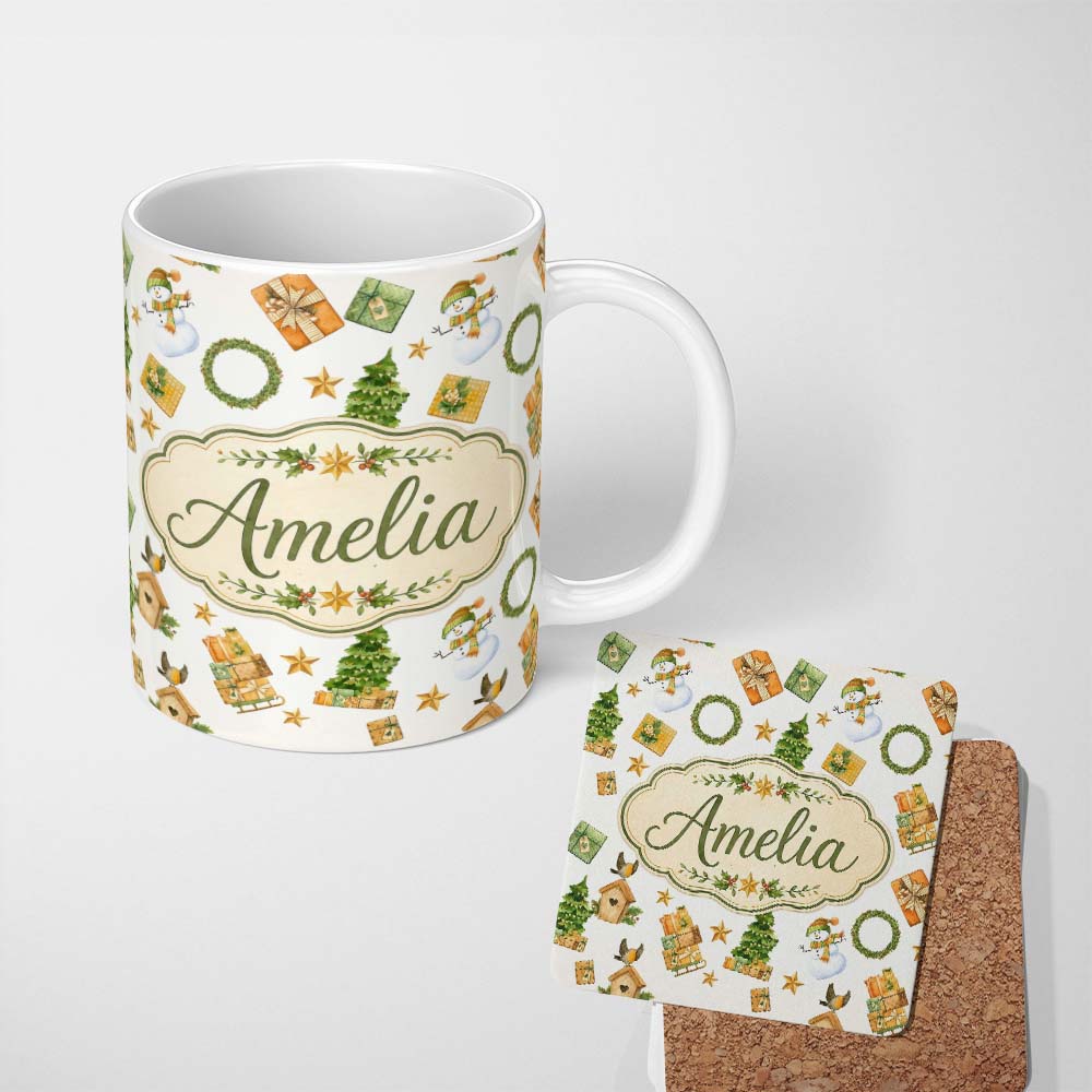 Personalized Custom Name Cute Snowman Gifts Christmas Tree Wreath Robin Seamless Pattern 11oz Ceramic Coffee Tea Mug White Large Handle