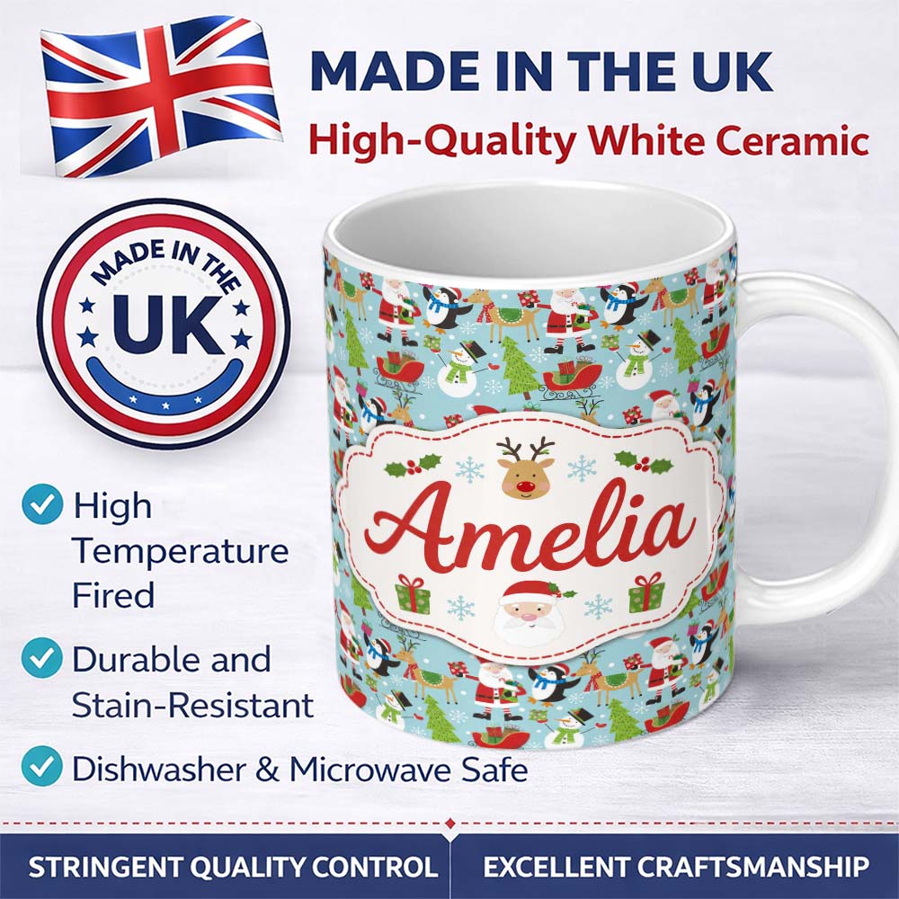 Personalized Custom Name Cute Santa Penguin Reindeer Sleigh Seamless Pattern Cute Unique Gift 11oz Ceramic Coffee Tea Mug White Large Handle