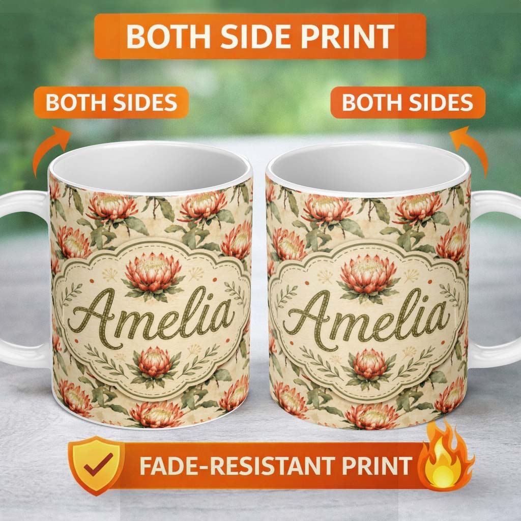 Personalized Custom Name Vintage Style Protea Flowers on Neutral Background Seamless Pattern 11oz Ceramic Coffee Tea Mug White Large Handle